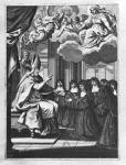St. Francois de Salles (1567-1622) Giving the Rule of the Visitation to St. Jeanne de Chantal (1572-1641) (engraving) (b/w photo)