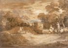 Mountain Landscape with Figures, Sheep and Fountain, c.1785-88 (grey wash, oil and black chalk on laid paper)