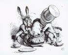 The Mad Hatter and the March Hare putting the Dormouse in the Teapot, illustration from 'Alice's Adventures in Wonderland', by Lewis Carroll, 1865 (engraving) (b&w photo)