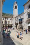 Pred Dvorom street in the old city, belltower at the end of the street, Dubrovnik, Croatia (photo)