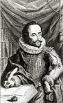 Portrait of Miguel de Cervantes Saavedra (1547-1616) engraved by Jacob Folkema (1692-1767) (engraving) (b/w photo)