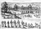 Arrival of Queen Elizabeth I at Nonesuch Palace and men and women from Tudor society, 1582 (engraving)
