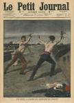Fighting a duel with whips, illustration from 'Le Petit Journal', supplement illustre, 17th April 1910 (colour litho)