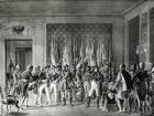 Napoleon gives the flags won at Austerlitz in 1805 to the Mayors of Paris visiting him at Schonbrunn (litho)