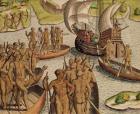 'The Lusitanians send a second Boat towards me', from 'Americae Tertia Pars...', 1592 (coloured engraving)