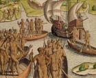 'The Lusitanians send a second Boat towards me', from 'Americae Tertia Pars...', 1592 (coloured engraving)