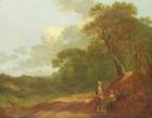 Wooded Landscape with a Man Talking to Two Seated Women (oil on panel)