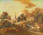 An Imaginary Wooded Village with Drovers and Cattle, c.1771-72 (oil and mixed media on paper on canvas)