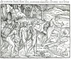 Indian Natives Making Fire After Hunting, engraved by Theodor de Bry (1525-75) (engraving) (b/w photo)