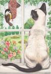 Siamese Cat and bird, 1995 (watercolour and pencil)