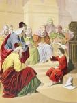 The boy Jesus debating with priests and teachers in the temple (colour litho)