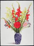 Tiger Lilies, Gladioli and Scabious in a Blue Moroccan Vase (w/c)