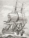 The fifty-eight gun frigate of the French navy with gun ports raised and ready for battle, from 'XVIII Siecle Institutions, Usages et Costumes', published 1875 (litho)