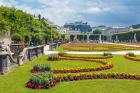 Salzburg, Salzburg, State, Austria. View across the gardens of the Schloss Mirabell to the Hohensalzburg fortress.