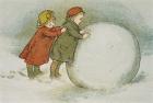 Children Rolling Snowballs (colour litho)