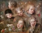 Children's heads and flowers (oil on canvas)