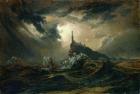 Stormy sea with Lighthouse (oil on canvas)