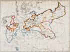 The Kingdom of Prussia between 1740 and 1815. Yellow outline; in 1740 at the Accession of Friedrich II: red outline; in 1786 at the death of Friedrich II: blue outline; in 1815 at the Congress of Vienna. From Friedrich II of Prussia, by Thomas Carlyle. Ch