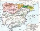 Map of Spain in 1037 showing the kingdoms of León and Castile, kingdom of Navarre, kingdom of Aragon and neighbouring principalities, county of Barcelona and Moorish states, from Historical Atlas, published 1923 (colour litho)