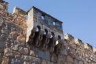 Avila, Avila Province, Spain. Detail of city fortifications. A brattice, or machicolation, built into the wall.