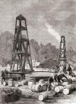 A source of petroleum at Oil Creek on the Allegheny River, Pennsylvania, U.S.A. in 1858, discovered by Edwin Laurentine Drake, aka Colonel Drake, from 'Les Merveilles de la Science', published c.1870 (engraving)