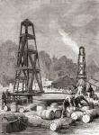 A source of petroleum at Oil Creek on the Allegheny River, Pennsylvania, U.S.A. in 1858, discovered by Edwin Laurentine Drake, aka Colonel Drake, from 'Les Merveilles de la Science', published c.1870 (engraving)