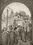 St. Ursula and her companions arriving at Cologne, after a fragment on the 15th century reliquary at Bruges, from 'Science and Literature in the Middle Ages' by Paul Lacroix, 1878 (litho)