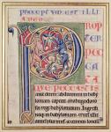 Historiated initial 'P' depicting a boar hunt, from the Bible of Saint-Andre aux-Bois (vellum)