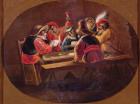 Monkeys dressed as soldiers playing cards and carousing (oil on canvas)
