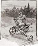 A nineteenth century three wheeled velocipede on a railroad track. From The Strand Magazine, published 1896