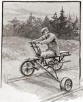 A nineteenth century three wheeled velocipede on a railroad track. From The Strand Magazine, published 1896