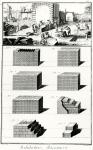 Stonemasons at work and various examples of wall-building techniques, engraved by Lucotte (engraving) (b/w photo)
