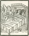 Ceremonial part of a marriage known as Beilagers, mostly used in Germany from the middle ages to the 19th century. A Bishop would bless the marriage bed with the newly wed couple in it, in front of witnesses. After a 15th century woodcut. From Illustriert