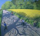 Cyclists and Yellow Field, Kedleston, Derby (oil on canvas)
