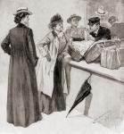 Passengers caught trying to pass illegal goods through the Custom House, London, England in the late 19th century. From Living London, published c.1901