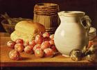 Still Life with plums, figs, bread and fish (oil on canvas)