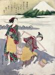 Salt Maidens on the Tago-no-ura Beach with Mt. Fuji Behind (colour woodblock print)