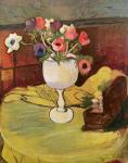 Vase of Flowers, Anemones in a White Glass (oil on canvas)