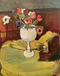 Vase of Flowers, Anemones in a White Glass (oil on canvas)