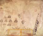 The Fleet of the Dutch Indies Company off St. Helena, 1746 (pen & ink on paper)