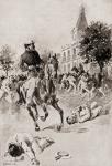 The stabbing of two United States Navy sailors from the USS Baltimore in front of the "True Blue Saloon" in Valparaíso, Chile on October 16, 1891, the incident which triggered the Baltimore Crisis. From The History of Our Country, published 1900.