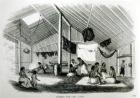 Inside a Tahitan Hut, from 'Voyages dans Les Deux Oceans', by Eugene Delessert, 1848 (litho) (b/w photo)