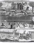 The First Plate of the Woollen Manufacture Exhibiting the Art of (A) Sheep Shearing (B) The Washing (C) The Beating and (D) The Combing of Wool, engraved for the Universal Magazine, 1749 (engraving) (b&w photo)