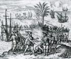 Francisco de Bobadilla arriving as Governor and arresting Christopher Columbus (1451-1506) in Hispaniola, 1500, 1590 (engraving)