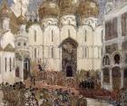 A Square in the Moscow Kremlin', stage design for the Prologue, Scene 2 from the opera 'Boris Godunov' by Modest Petrovich Mussorgsky, 1908 (gouache on cardboard)