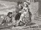 A young man hands a pretty young woman into a wherry which a young waterman, who is apparently standing in the water on the further side of the boat, holds against the landing-place. She raises her petticoats, the waterman stares at her legs. Engraved ben