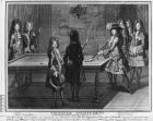 Louis XIV playing billiards with his brother, Monsieur, his nephew the duc de Chartres , his son, the Comte de Toulouse and other relatives and courtiers, the duc de Vendome, Monsieur d'Armagnac and Monsieur de Chamillart, 1694 (engraving)