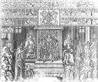 James I of England (1566-1625) at Court (engraving) (b/w photo)