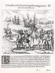 Columbus in What Was First Called India, Welcomed by the Indians with Gifts (engraving) (b&w photo)