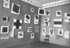 View of the room with Malevich's Black Square and other Suprematist paintings, The Last Futurist Exhibition of Paintings 0.10, Petrograd, winter 1915-16 (b/w photo)